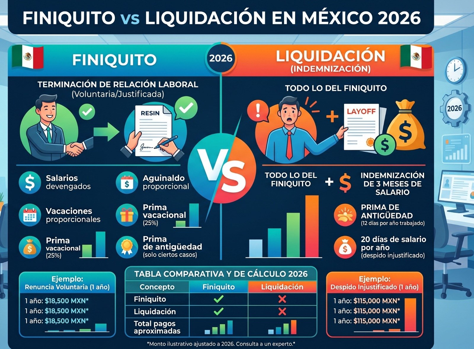 Finiquito vs Liquidación en México 2026: Diferencias, Cálculo y Ejemplos Prácticos